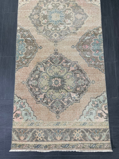 Distressed Runner Rug Muted Turkish Runner 3 x 13.2 Rug  Pink Vintage Runner Rug Hallway Runner Rug Muted Persian Runner Rug Wool Runner