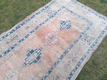4'6x12 vintage turkish runner rug, oushak vintage rug, handmade hallway runner, kitchen wool runner