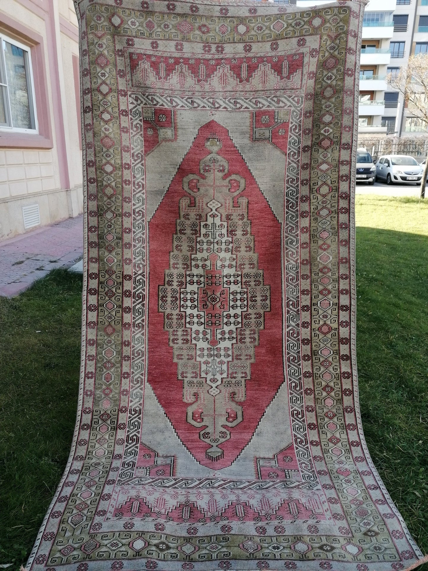 4'3x8'6 turkish pastel oushak rug, green vintage wool rug, handmade living room rug, kitchen rug bohemian rug