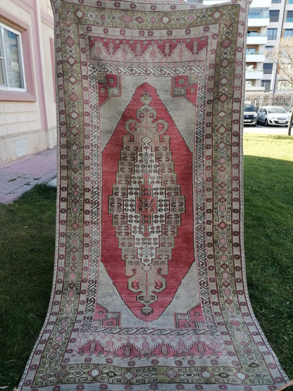 4'3x8'6 turkish pastel oushak rug, green vintage wool rug, handmade living room rug, kitchen rug bohemian rug