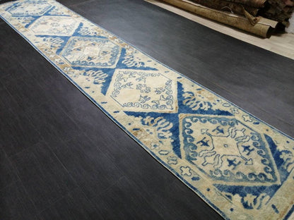 Blue Turkish Oushak Runner 2.8 x 14.5 Turkish Runner Rug XL Vintage Runner Rug Long Hallway Runner Rug Kitchen Runner High Wool Pile Runner
