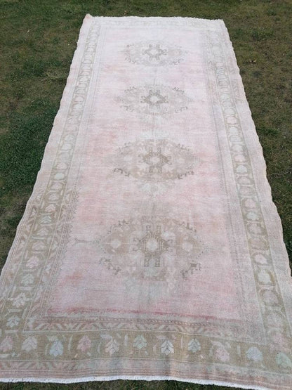 Muted vintage runner, oushak runner wool runner 5'2x12 handmade hallway runner, kitchen vintage anatolian rug