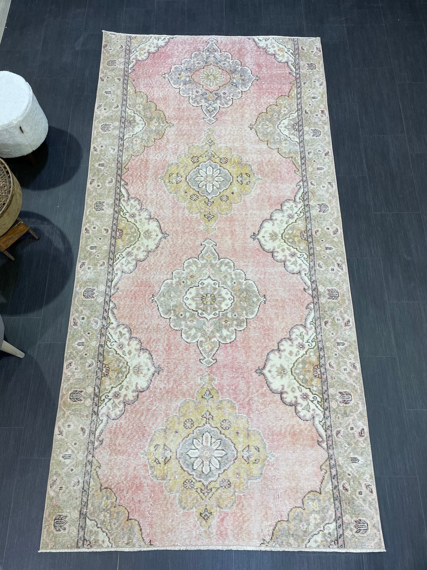 Vintage Runner Rug, Pink Hallway Runner 4.6 x 9.2 Rug, Kitchen Runner Rug, Wool Runner Rug Muted Oushak Rug Pretty Turkish Runner