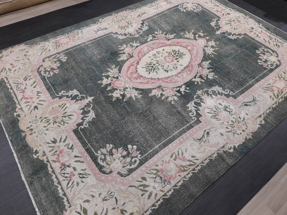 Vintage RUG  Hunter Green and Light Pink Antique Rug Vintage Wool 7.3 x 10 Oriental Rug Hand Made Rug Hand Knotted  Rug Wool on wool Rug