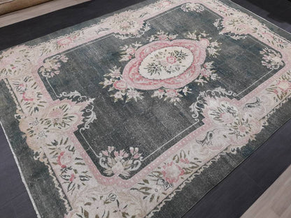 Vintage RUG  Hunter Green and Light Pink Antique Rug Vintage Wool 7.3 x 10 Oriental Rug Hand Made Rug Hand Knotted  Rug Wool on wool Rug