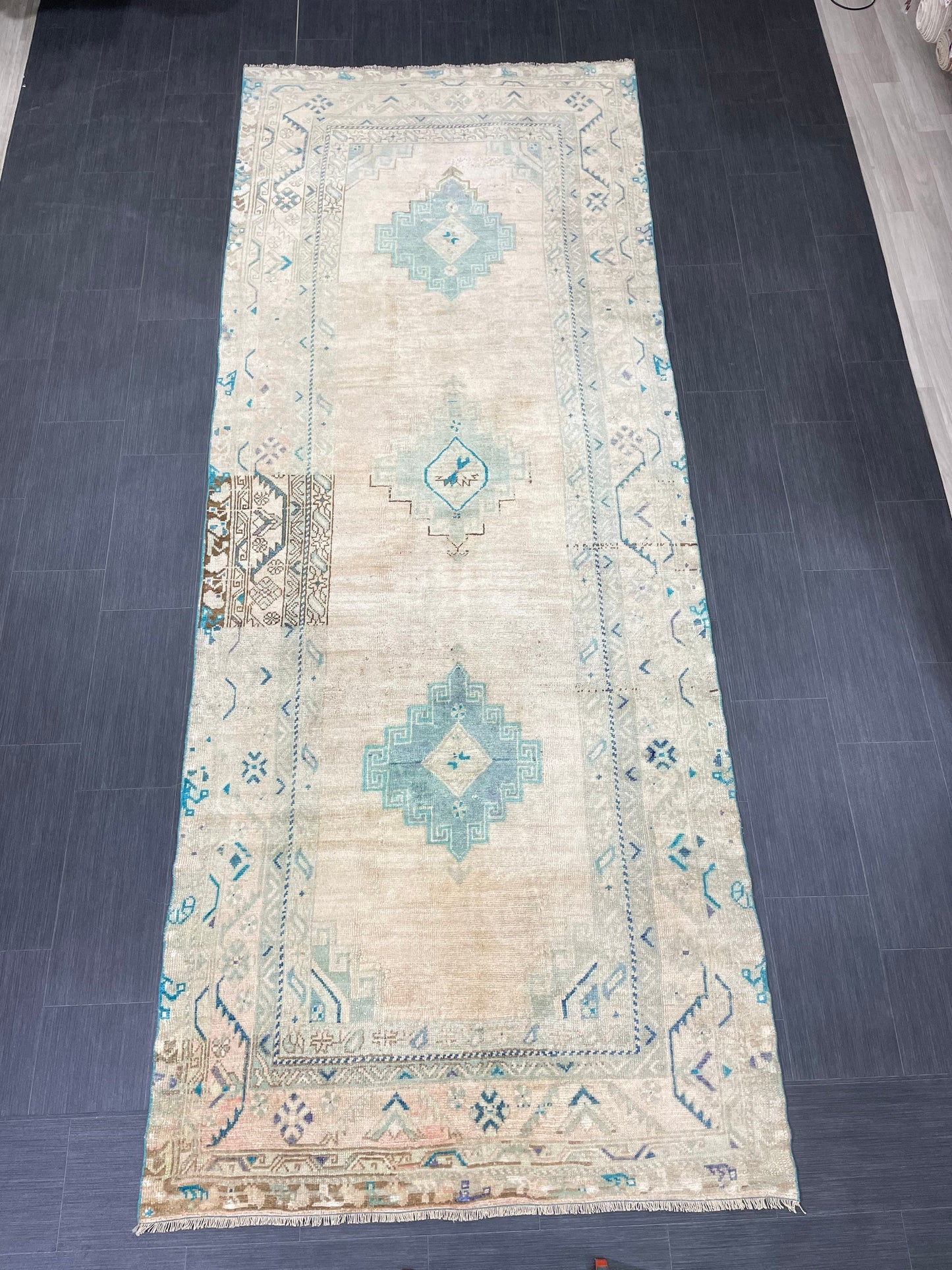 Muted Handmade Runner 4.5 x 11.6 Runner Turkish Runner Rug Faded Vintage Runner Rug Hallway Runner  Neutral Kitchen Runner Rug Wool Runner