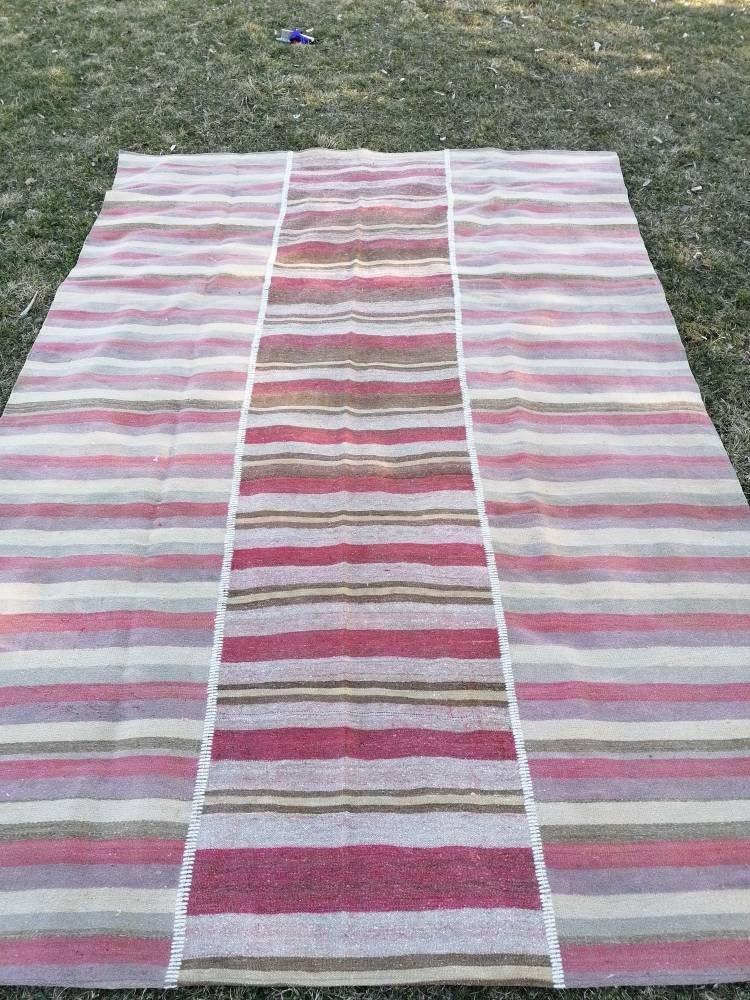 6.8 x 9.7 Flatwoven kilim rug  stripe handmade rug vintage turkish rug, vintage oushak rug, wool rug
