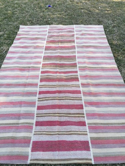 6.8 x 9.7 Flatwoven kilim rug  stripe handmade rug vintage turkish rug, vintage oushak rug, wool rug