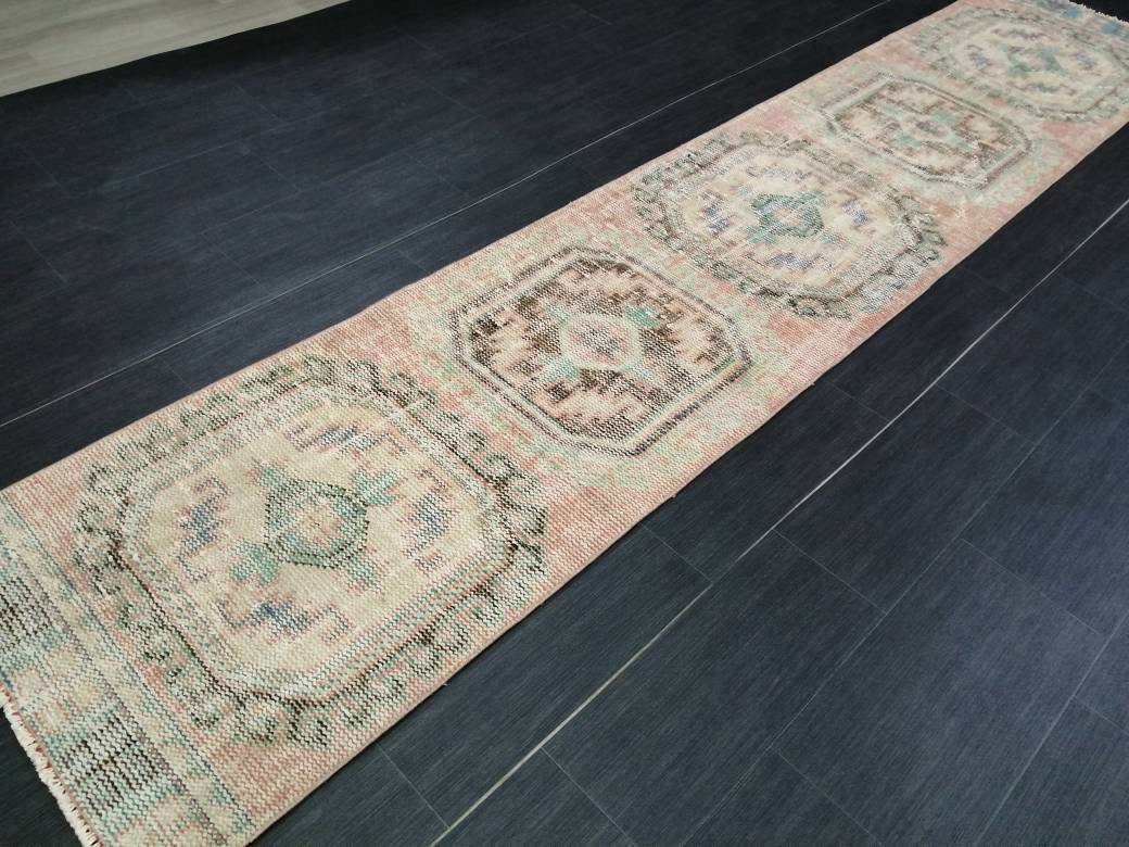 Muted Oushak Runner Rug 2.2 x 11  Vintage Runner Rug Distressed Hallway Runner Rug Turkish Kitchen Runner Rug Antique Wool Runner Rug