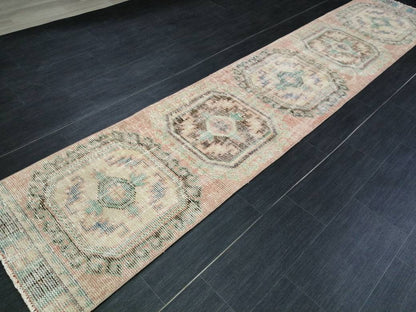Muted Oushak Runner Rug 2.2 x 11  Vintage Runner Rug Distressed Hallway Runner Rug Turkish Kitchen Runner Rug Antique Wool Runner Rug