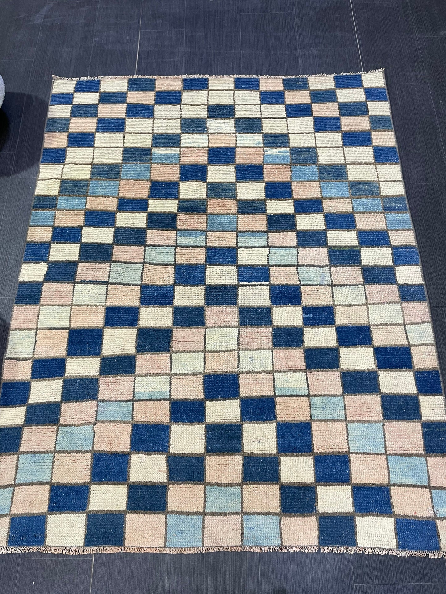 Persian Rug, Vintage 4.7 x 5.10 Rug, Navy Blue Hand Knotted Rug, HANDMADE Rug, Geometric Turkish Rug, Oushak Rug, Oriental Rug, Wool Rug