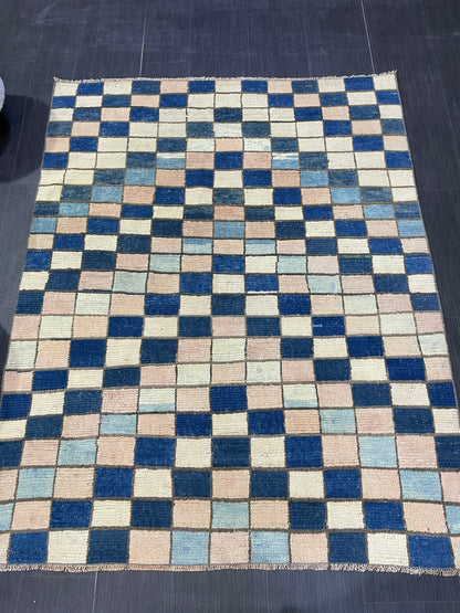 Persian Rug, Vintage 4.7 x 5.10 Rug, Navy Blue Hand Knotted Rug, HANDMADE Rug, Geometric Turkish Rug, Oushak Rug, Oriental Rug, Wool Rug