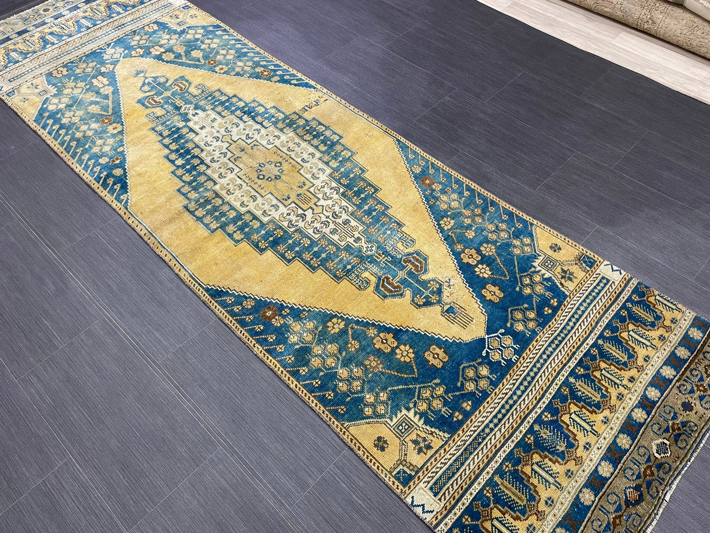 TURKISH Runner Rug Vintage Runner Rug 2.8 x 9.4 Oriental Rug Wool Oushak Rug Hand Knotted Rug Vintage Turkish Runner Rug Blue and Yellow Rug