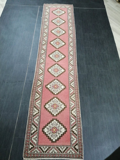 Pink Oushak Runner Rug 12.6 x 2.7 Vintage Runner Rug Wool Vintage Runner Hallway Runner Rug Kitchen Runner Rug New Hand Knotted Rug