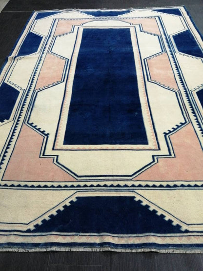 Vintage Rug,  Navy Unique Pattern Rug 6.8 x 9.8 Oushak Rugs, 7x10 Rugs,Turkish Rugs Navy Blush Green Rugs, Oriental Rug, Fine Rugs