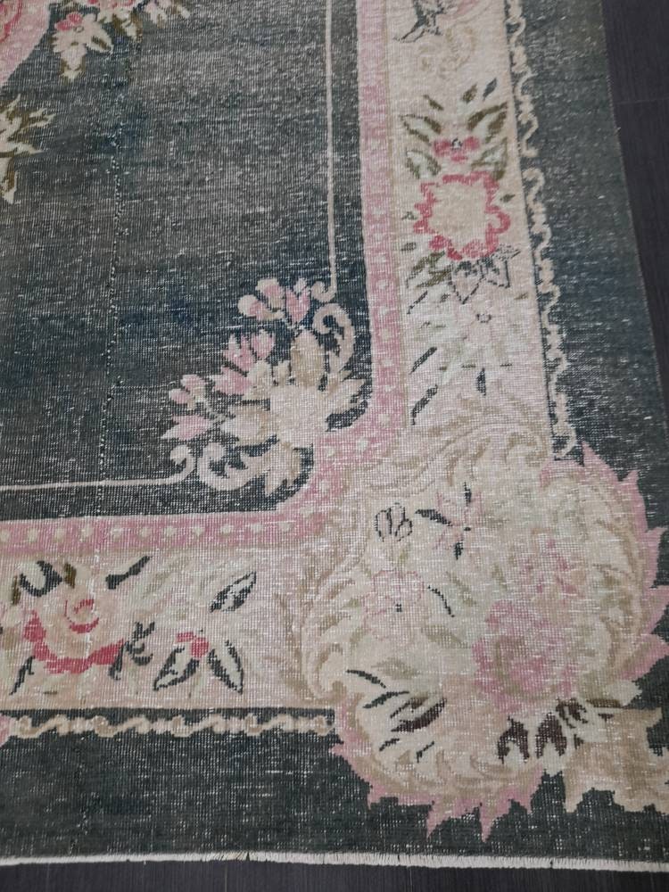 Vintage RUG  Hunter Green and Light Pink Antique Rug Vintage Wool 7.3 x 10 Oriental Rug Hand Made Rug Hand Knotted  Rug Wool on wool Rug