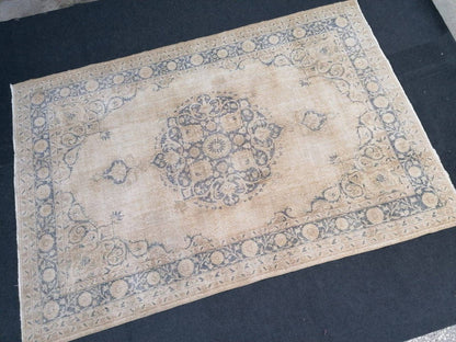 7x10'2 large oushak rug, vintage blue rug, muted turkish rug, hand made vintage wool rug, living room rug, bohemian rug