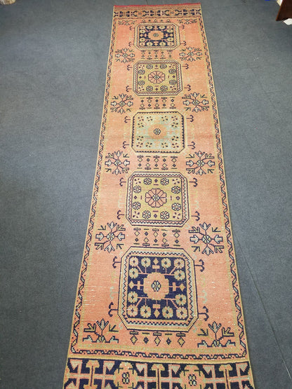 Oushak turkish runner rug, vintage rug, vintage oushak runner rug, vintage anatolian rug,unique hand made rug,kitchen runner rug 11'10x3' ft