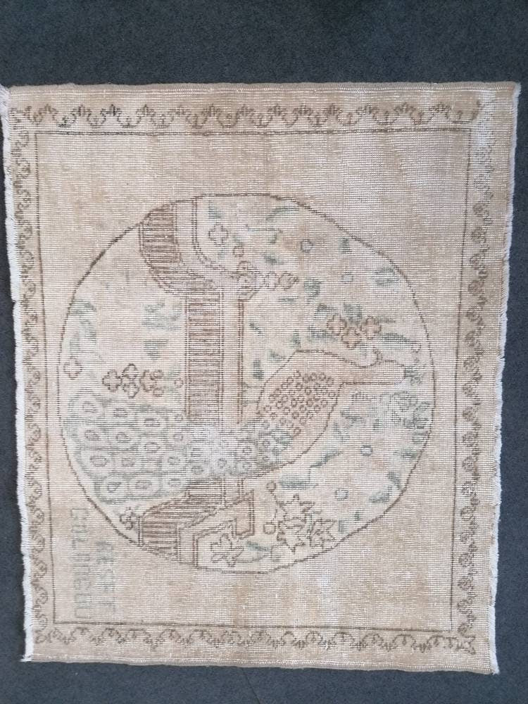 Hand made wool art peacock pilo, handcraf bird rug,vintage rug 3'3x4 feet
