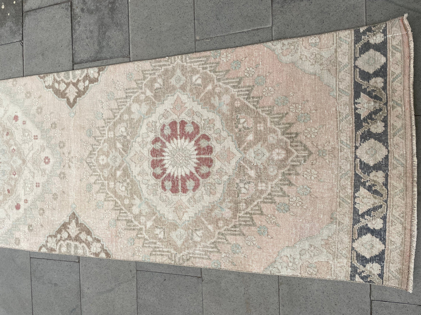 Muted Vintage Runner Rug, Turkish Runner 2.8 x 12.5 Rug, Handmade Runner Hallway Runner Soft Pink Kitchen Runner Rug Wool Runner Oushak Rug