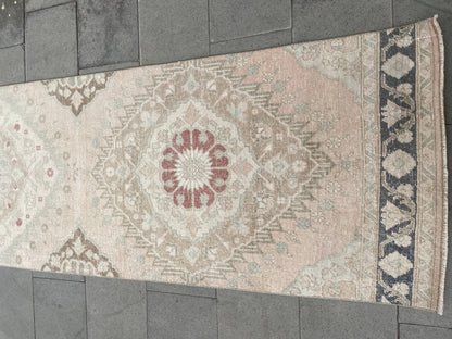Muted Vintage Runner Rug, Turkish Runner 2.8 x 12.5 Rug, Handmade Runner Hallway Runner Soft Pink Kitchen Runner Rug Wool Runner Oushak Rug