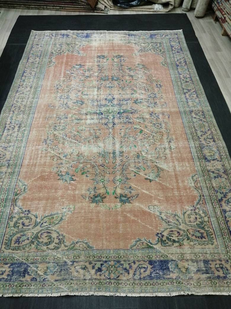 12 x 8 Turkish Rug, Oushak Rug, Muted Wool Rug, 8x12 Large Oushak Rugs,Rusty pink and Blue Orange Rug, Vintage Rug, Muted Hand Made Rug