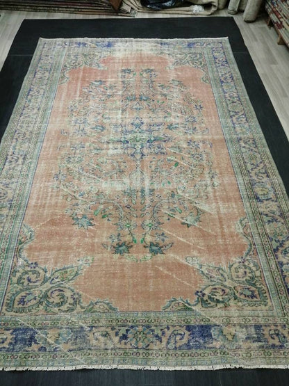 12 x 8 Turkish Rug, Oushak Rug, Muted Wool Rug, 8x12 Large Oushak Rugs,Rusty pink and Blue Orange Rug, Vintage Rug, Muted Hand Made Rug