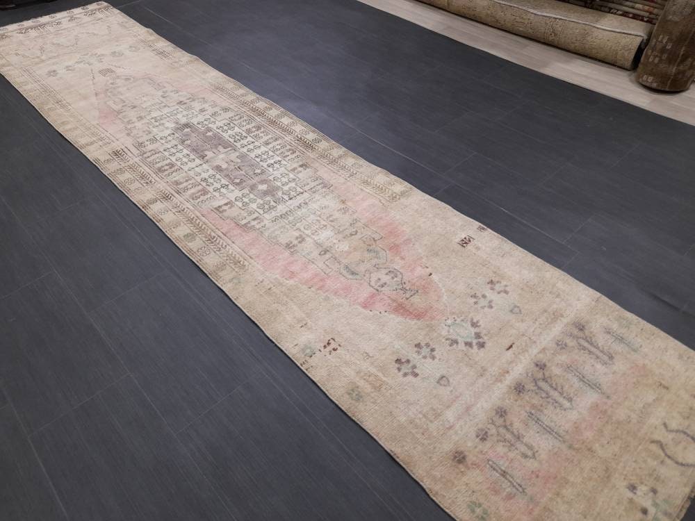 WOOL Oriental Runner Rug Turkish Runner Rug 2.5 x 12 Muted Vintage High Pile Runner Hallway Runner Rug Kitchen Runner Rug Persian Runner Rug