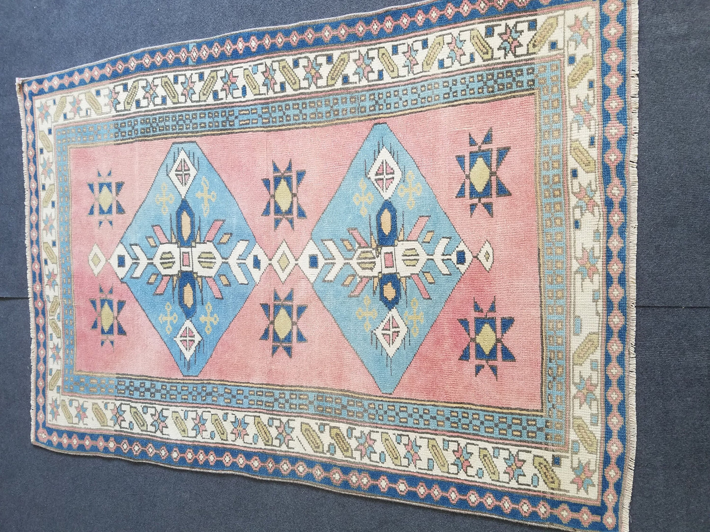 Blue vintage wool rug. pink turkish oushak rug 3'10x5'7 bohemian rug, living room rug, handmade wool rugs