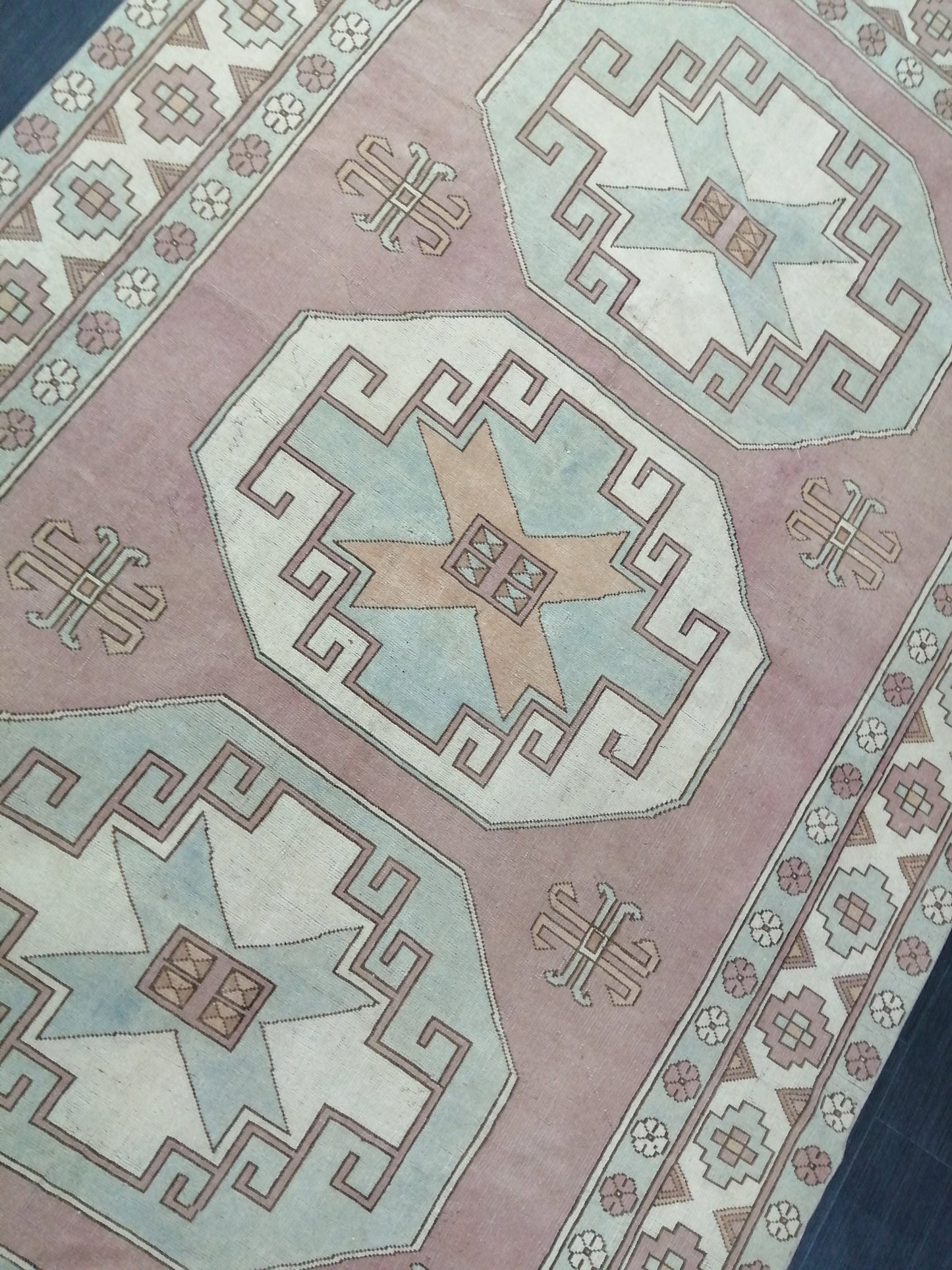 Muted OUSHAK RUG 9.7 x 6.4  Muted Vintage Rug Vintage Rug Dusty Rose And Ice Blue Wool Oushak Rug Hand Made Rugs Vintage Turkish Rug