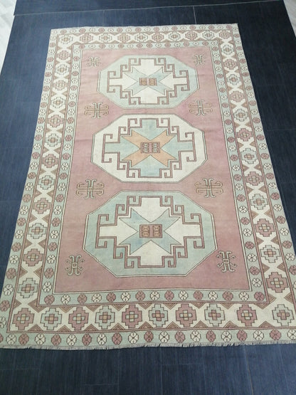 Muted OUSHAK RUG 9.7 x 6.4  Muted Vintage Rug Vintage Rug Dusty Rose And Ice Blue Wool Oushak Rug Hand Made Rugs Vintage Turkish Rug
