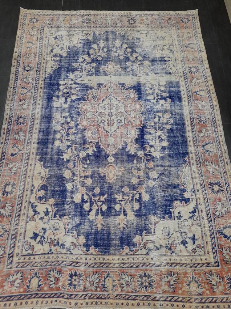 Antique Distressed RUG Wool Distressed TURKISH Rug 6.6 x 9.6 Blue Vintage Rug Vintage Rug Wool Oushak Rug Hand Made Rug Hand Knotted Rug