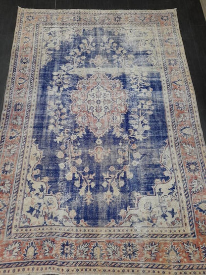 Antique Distressed RUG Wool Distressed TURKISH Rug 6.6 x 9.6 Blue Vintage Rug Vintage Rug Wool Oushak Rug Hand Made Rug Hand Knotted Rug
