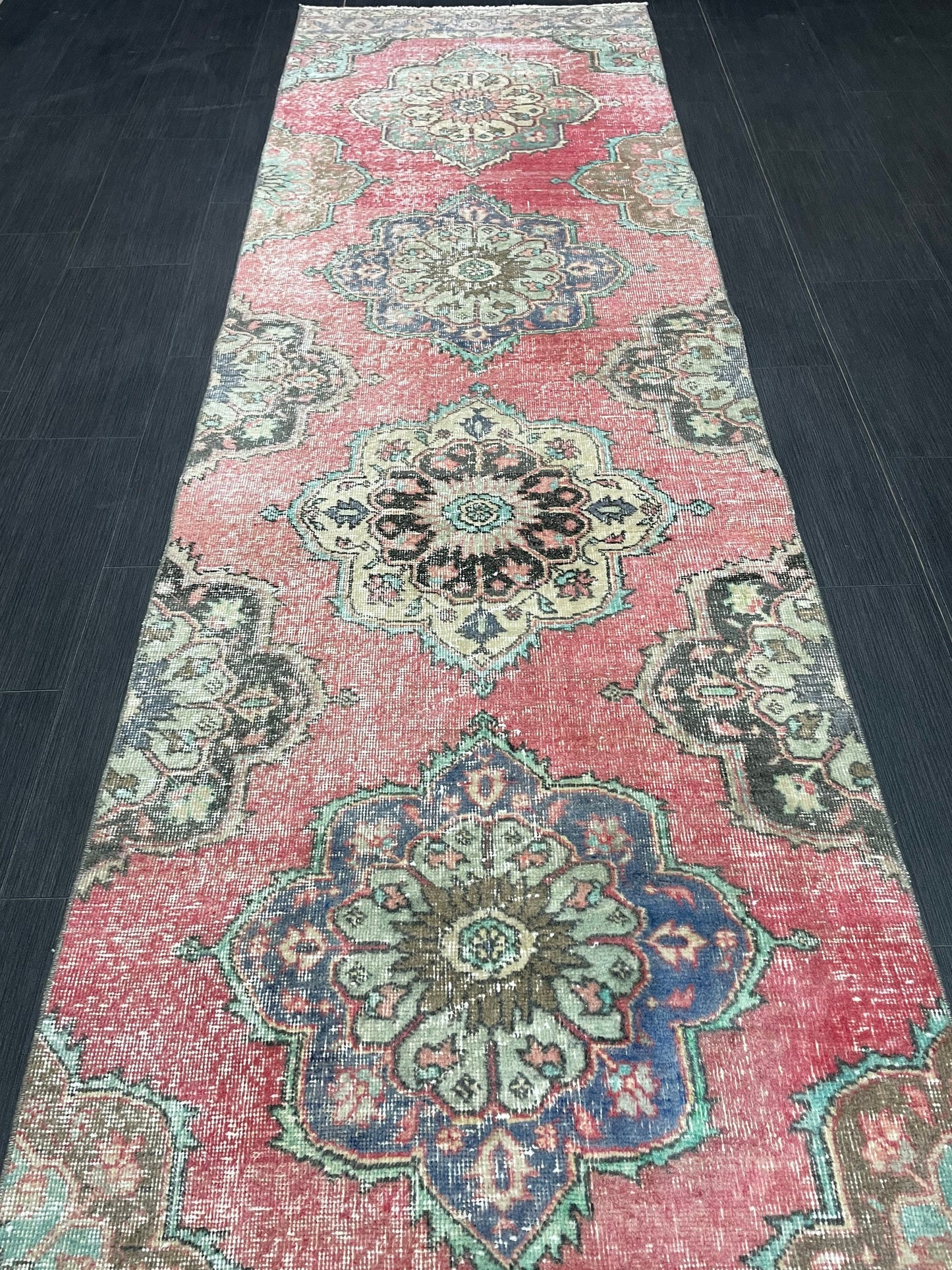 Muted Vintage Runner Rug Vintage Oushak Runner Rug 3 x 12.5  Hallway Runner Rug Turkish Kitchen Runner Rug Antique Wool Oriental Runner Rug