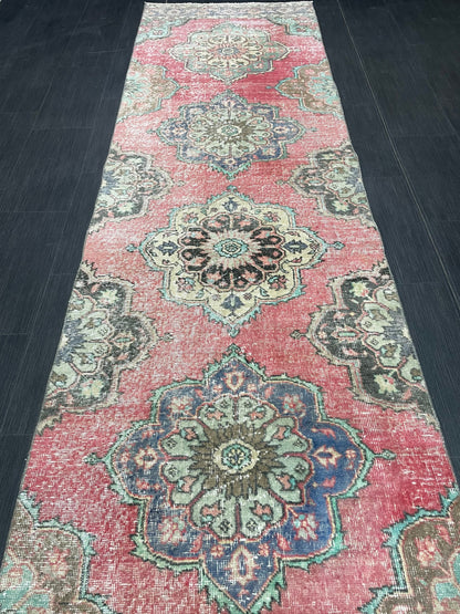 Muted Vintage Runner Rug Vintage Oushak Runner Rug 3 x 12.5  Hallway Runner Rug Turkish Kitchen Runner Rug Antique Wool Oriental Runner Rug