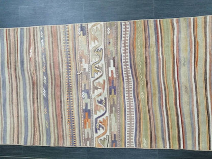Vintage  Runner rug 2.9 x 15.4 Flat woven Runner Kilim Rug With Embroidery XL Oriental Runner Carpet, Vintage Kilim Rug Wool 3x16 Carpet Rug