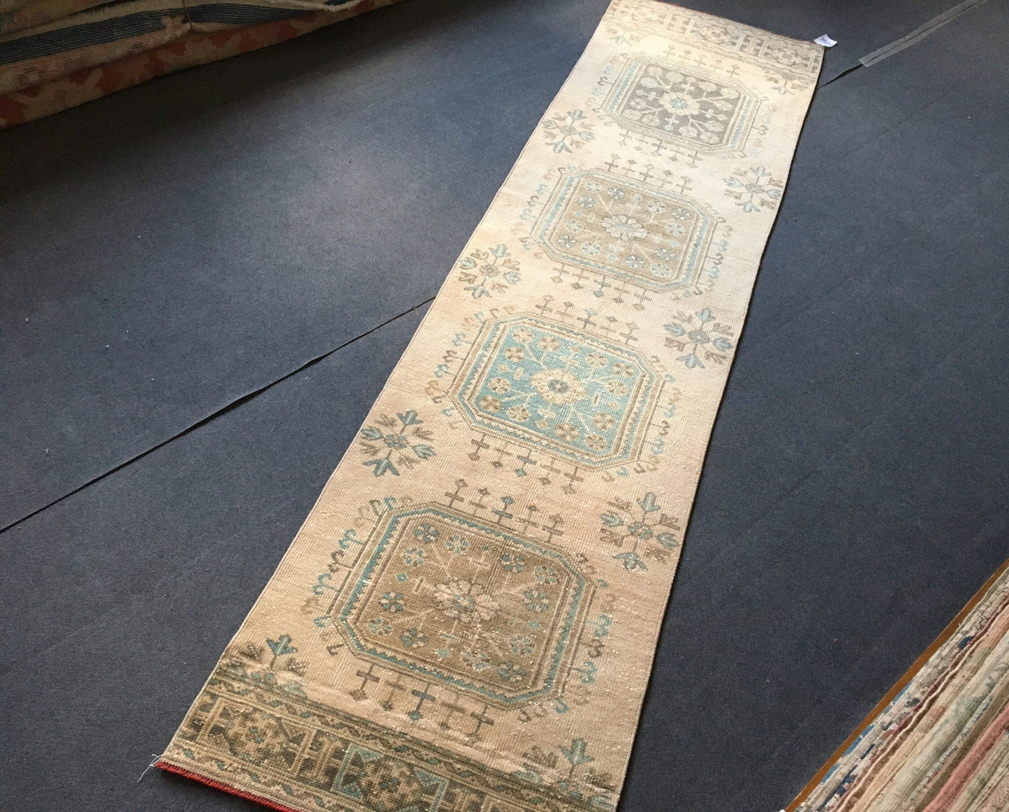 2.5x9 feet handmade long runner rug, wool teal overlong turkish runner, vintage kitchen runner, bathroom floor runner, bohemian wool runner