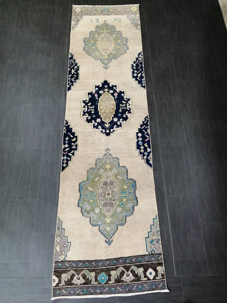 Vintage Runner Rug 2.7 x 10.6 Hallway Runner Rug Muted Kitchen Runner Rug Muted Wool Runner Rug Oushak Runner Rug Turkish Rug Runner