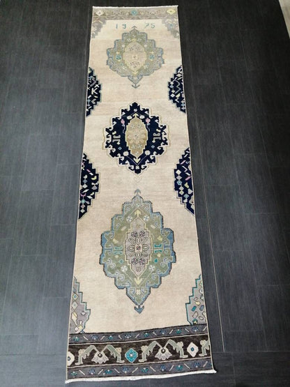 Vintage Runner Rug 2.7 x 10.6 Hallway Runner Rug Muted Kitchen Runner Rug Muted Wool Runner Rug Oushak Runner Rug Turkish Rug Runner