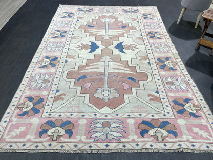 Vintage Rug 5.2 x 7.6 HANDMADE Rug Vintage Turkish Rugs Oushak Rug Pink Rug, Turkish Oushak Rug, Vintage Hand Knotted Rug, Wool Rug