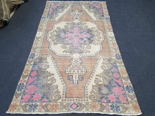 Vintage rug,turkish oushak area rug,vivid soft colors turkish trend rug,low pile pale colors rug,shabby chic rug,88x49 inches