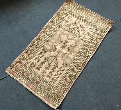2x4 feet vintage brown bedroom small rug, turkish handmade wool pink bathroom small rug, living room area mini rug, oushak small laundry rug