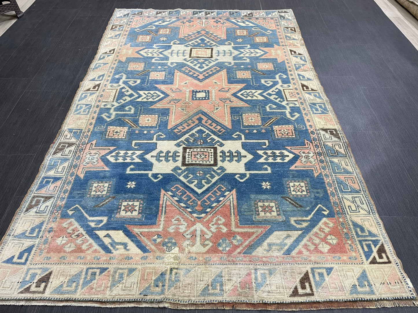 Muted Wool TURKISH Rug 4.6 x 7.4 Blue Vintage Persian Rug Vintage Oriental Rug Vintage Hand Made Rug Wool Vintage Oushak Rug