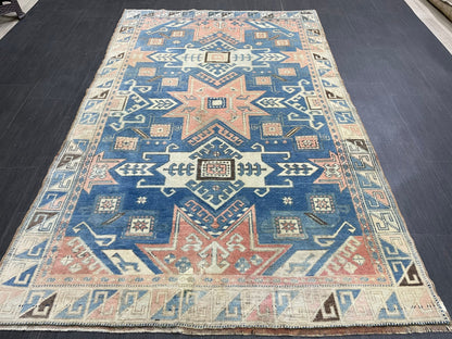 Muted Wool TURKISH Rug 4.6 x 7.4 Blue Vintage Persian Rug Vintage Oriental Rug Vintage Hand Made Rug Wool Vintage Oushak Rug