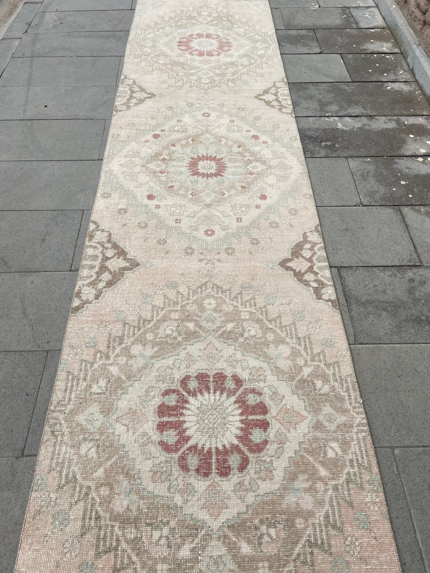 Muted Vintage Runner Rug, Turkish Runner 2.8 x 12.5 Rug, Handmade Runner Hallway Runner Soft Pink Kitchen Runner Rug Wool Runner Oushak Rug