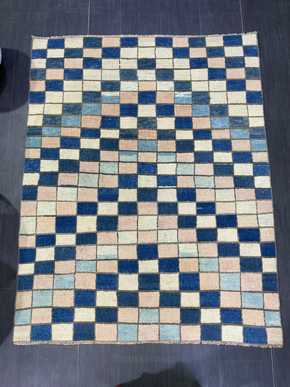 Persian Rug, Vintage 4.7 x 5.10 Rug, Navy Blue Hand Knotted Rug, HANDMADE Rug, Geometric Turkish Rug, Oushak Rug, Oriental Rug, Wool Rug