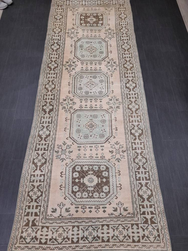 Vintage TURKISH Runner Rug Vintage Runner Rug 4.4 x 12.2 Oriental Runner Rug Wool Oushak Rug Hand Knotted Rugs Vintage Turkish Runner Rug