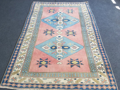 Blue vintage wool rug. pink turkish oushak rug 3'10x5'7 bohemian rug, living room rug, handmade wool rugs