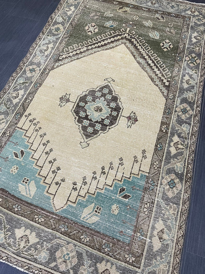 Handmade Turkish 3.5 x 6.2 Rug Handmade Rug Turkish Rug Hand Knotted Rug Muted Oushak Rug, Farmhouse Rug, Vintage Rug, Wool rug