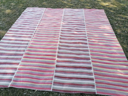 9.5x9.9 Flatwoven kilim rug stripe turkish handmade rug, Flatwoven vintage oushak rug, wool rug